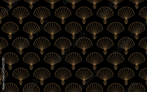 Art deco pattern seamless black and gold background scales or shells ornament modern minimalistic geometric design vector lines motifs luxury vintage illustration