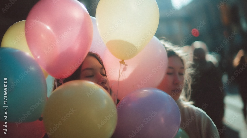 Obraz premium Pastel balloons bunch authentic teaching moment realistic human expressions natural soft lighting shallow DOF cinematic tones photorealistic DSLR photo 85mm lens professional candid style