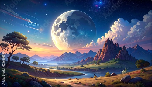 A serene landscape painting depicts a vast valley with towering mountains, a placid river, and a large celestial moon, all bathed in a soft, warm sunset light.