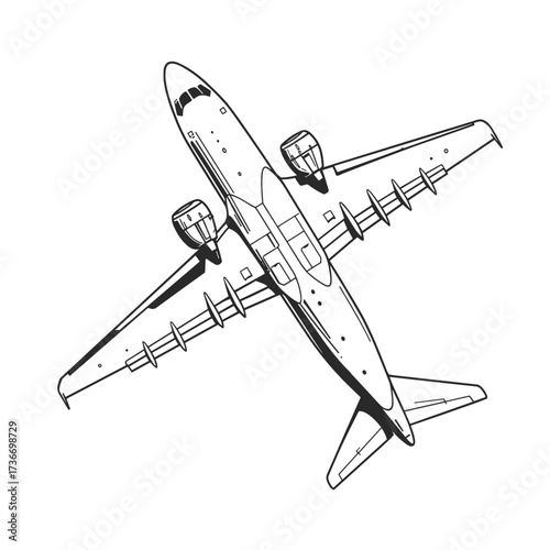 Aircraft silhouette in top view showing detailed features and design  