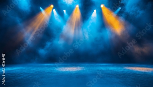 Four stage lights cast blue and orange beams onto a dark stage with smoke, creating a dramatic and atmospheric effect.