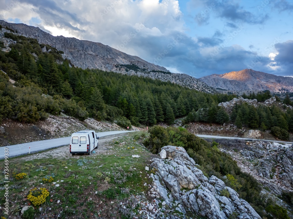 custom made wallpaper toronto digitalDrone view of camper van in scenic Turkish mountains