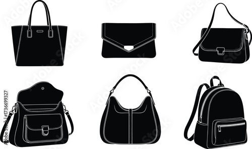 Bag silhouettes, black vector, fashion accessories, tote, clutch, crossbody, satchel, hobo, backpack, minimal design, top view, retail icons