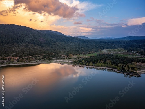Aerial view of Kovada Lake in Turkey at sunset