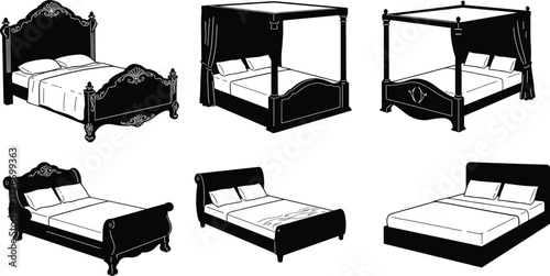 Bed silhouette icons, black vector set, ornate, canopy, sleigh, platform styles, furniture design elements, bedroom decor illustration pack
