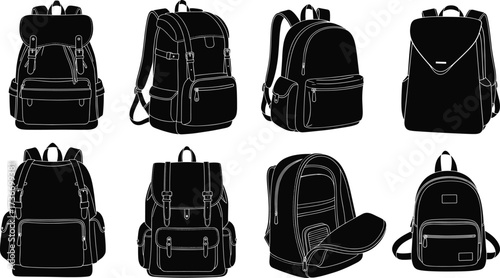 Backpack silhouettes, black vector, travel bags, school backpacks, minimal design, top view, fashion accessories, outdoor gear, luggage icons, storage