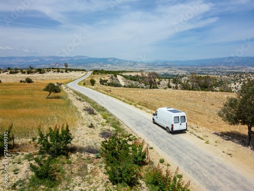 Aerial view of camper van journeying through Turkey