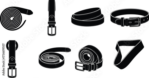 Belt silhouettes, black vector, fashion accessories, rolled, buckled, looped, flat layout, minimal design, top view, retail icons, leather style