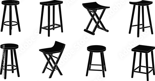 Black stools, silhouette style, modern furniture, seating icons, top view, minimal design, interior decor, vector illustration, home tools, ergonomic shapes