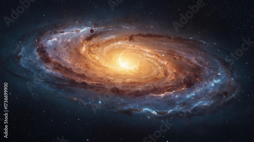 Luminous Spiral Galaxy with Bright Glowing Core in Starry Space