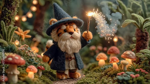 Animated tiger wizard in whimsical forest with sparkling magic wand illustration