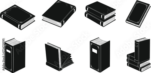 Book and magazine silhouette icons, black vector set, open, stacked, rolled styles, decorative cover, layout design, illustration pack