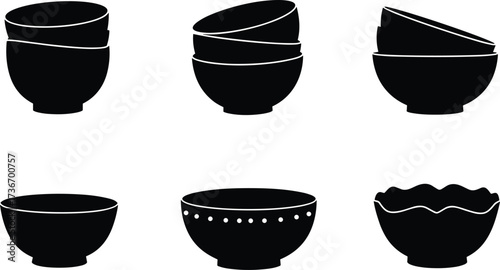 Bowl silhouette icons, black vector set, stacked and decorative kitchenware styles, food prep decor, ceramic design, illustration pack