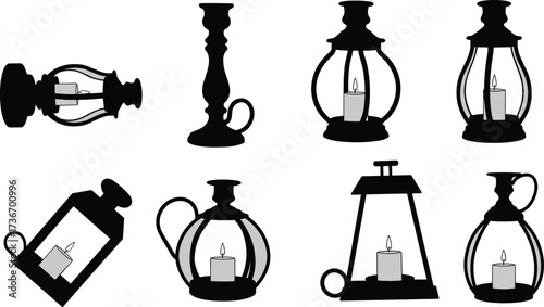 Candle holder and lantern silhouette icons, black vector set, glass body, handle loop, vintage lighting, geometric frame, illustration pack
