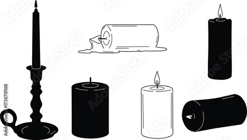 Candle silhouette icons, black vector set, melted wax, lit and unlit styles, horizontal, pillar, ornate holder, illustration pack