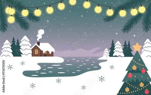 Cozy winter cabin and frosted pine trees under festive string lights and a snowy christmas scene
