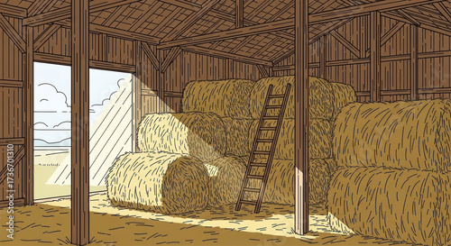 Barn interior with hay bales and sunlight streaming through door  