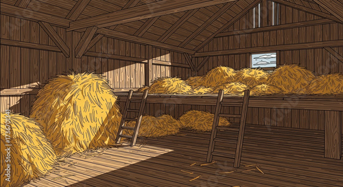 Barn loft filled with hay bales and wooden ladder in sunlight  