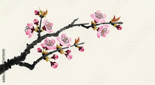 Watercolor cherry blossom branch with pink flowers on a light background