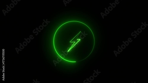 Glowing Neon battery charging icon animation. Neon Battery charging power symbol, lightning bolt sign. Neon glowing battery charging icon animation with neon circle