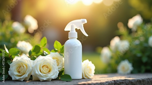 White spray bottle with white roses in garden sunlight