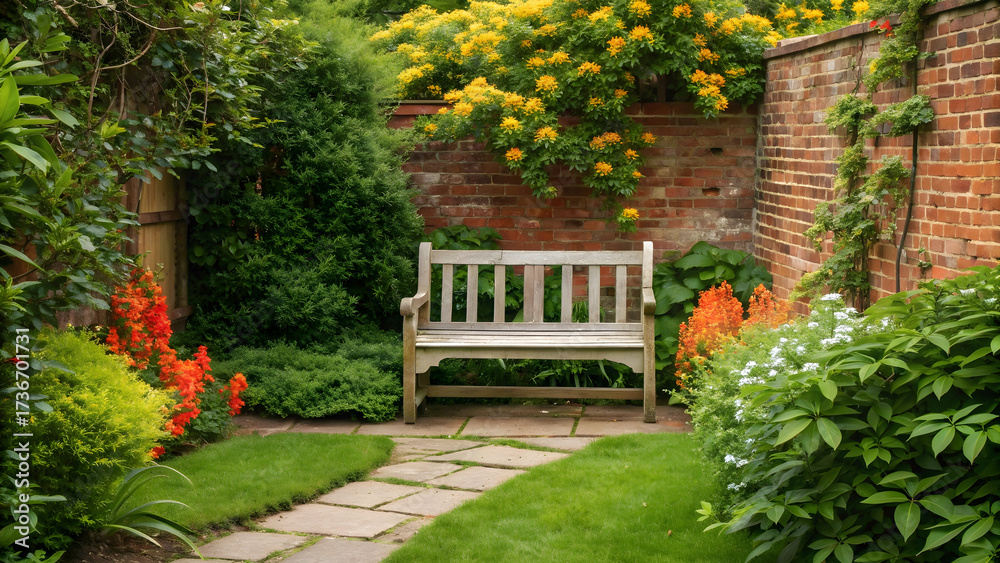 Fototapeta premium Wooden garden bench in a lush green courtyard with brick wall and flowers wooden bench