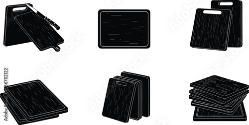 Cutting board silhouette icons, black vector set, stacked kitchen utensil styles, food prep decor, culinary design, illustration pack