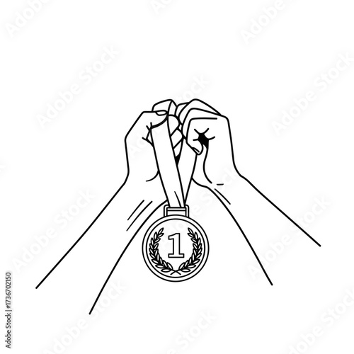 Hands holding a gold medal with number one in a victorious pose  