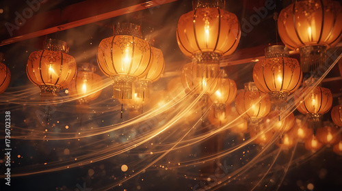 Golden Hanging Lanterns with Ethereal Glow and Festive Light Trails