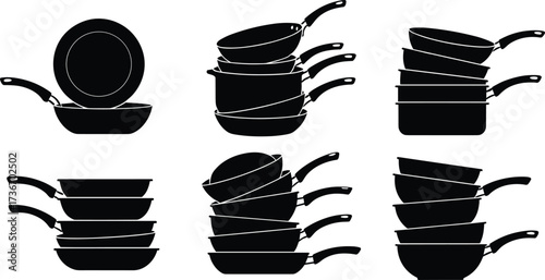 Frying pan silhouette icons, black vector set, stacked cookware styles, kitchen utensil design, cooking decor, illustration pack