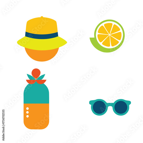 Summer vibes flat icon set sunglasses roller skates juice jar orange hat