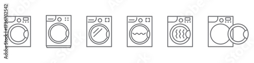 Set of washing machine linear icons isolated on transparent background. Editable stroke. Outline washer symbols with open and closed door. Perfect for laundry, cleaning and household themes.