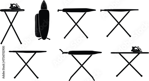 Ironing boards, silhouette style, black vector, top view, household tools, iron placement, minimal design, laundry icons, fashion, tailoring