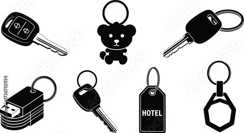 Keychain silhouettes, black vector, car key, USB drive, hotel tag, teddy bear, house key, minimal design, top view, icons