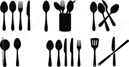 Kitchen utensil silhouette icons, black vector set, spoon fork knife spatula combinations, cooking decor, culinary design, illustration pack