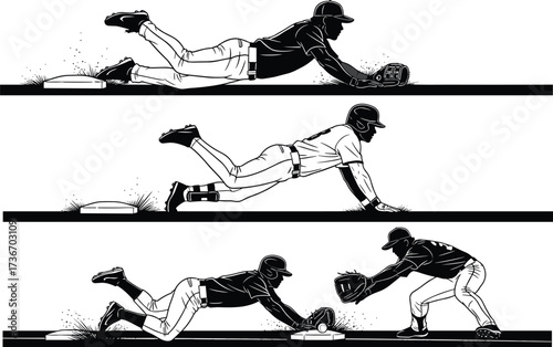 Baseball Slide Silhouette Vector – Players Diving and Tagging at Base for Sports Action, Athleticism, Game Moments, and Design Themes