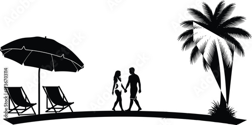 Beach Couple Silhouette Vector – Palm Tree, Umbrella, and Chairs for Romantic Walk, Vacation, Tropical, and Relaxation Design Themes