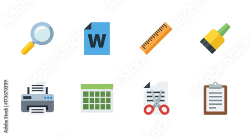 Collection of office supplies and stationery icons on a white background
