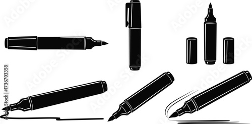 Marker pen silhouette icons, black vector set, cap and tip styles, drawing motion, writing line, stationery design, illustration pack
