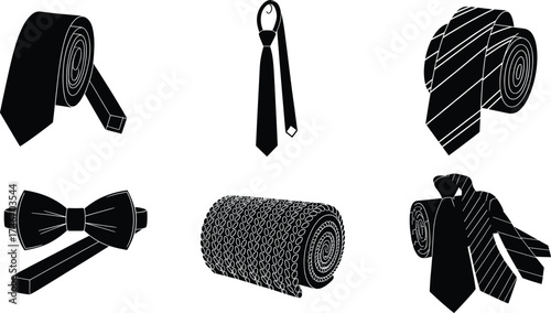 Neckwear silhouettes, black vector, necktie, bow tie, shirt collar, rolled fabric, fashion accessories, minimal design, top view, formal style