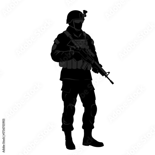 Black soldier silhouette standing with rifle in tactical gear  