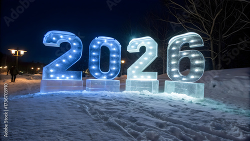 Wallpaper Mural Large illuminated ice numbers 2026 in snowy park at night new year ice sculpture Torontodigital.ca