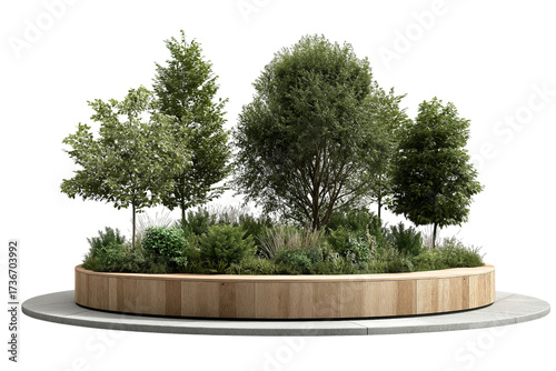 Garden planter with trees and shrubs isolated on a transparent background