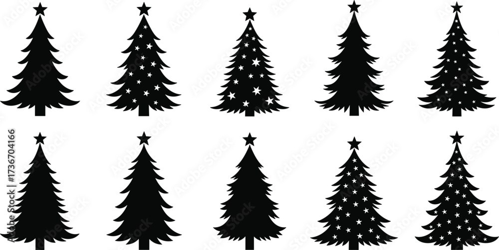Naklejka premium Christmas Tree Silhouette Vector Set – Ten Black Holiday Trees with Stars and Ornaments for Winter, Festive, and Seasonal Design