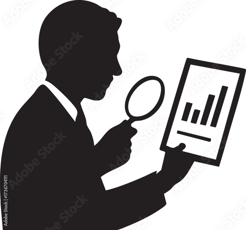 Businessman Analyzing Chart with Magnifying Glass Silhouettes Vector Icon