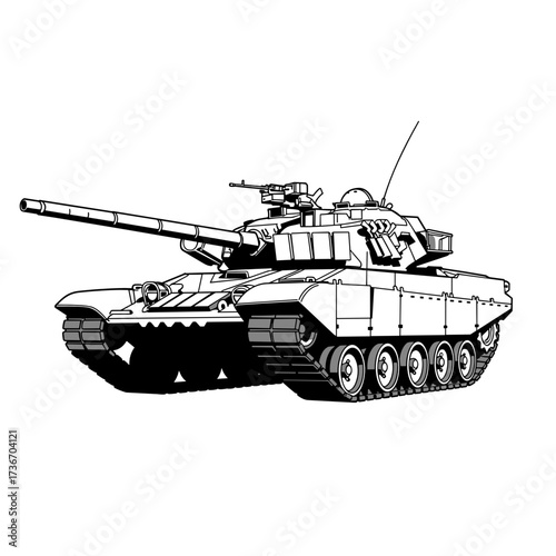Army tank illustration in a detailed black and white style  