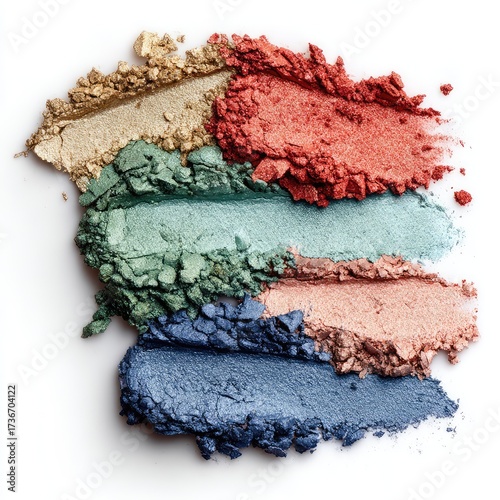Swatches of brightly colored, shimmery eyeshadow on white