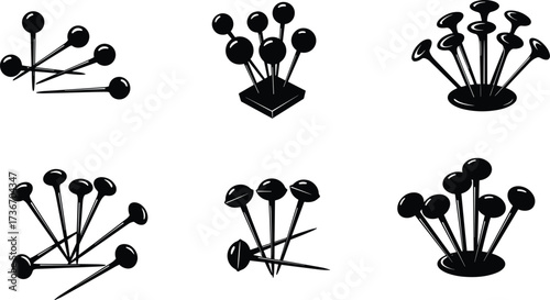 Push pins, silhouette style, black icons, top view, circular base, scattered layout, office tools, abstract shapes, minimal design, stationery