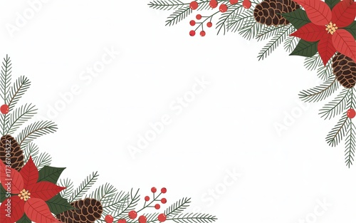Festive christmas border with poinsettias pine cones snowman and fir branches for holiday greetings