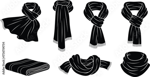 Scarf silhouettes, black vector, folded, looped, tied, fashion accessories, winter wear, minimal design, top view, elegant style, textile icons